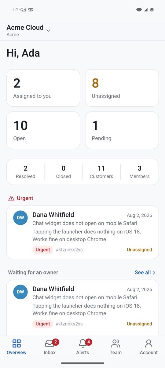 Приложение Helpwing на Android: число открытых, ожидающих и неназначенных тикетов проекта